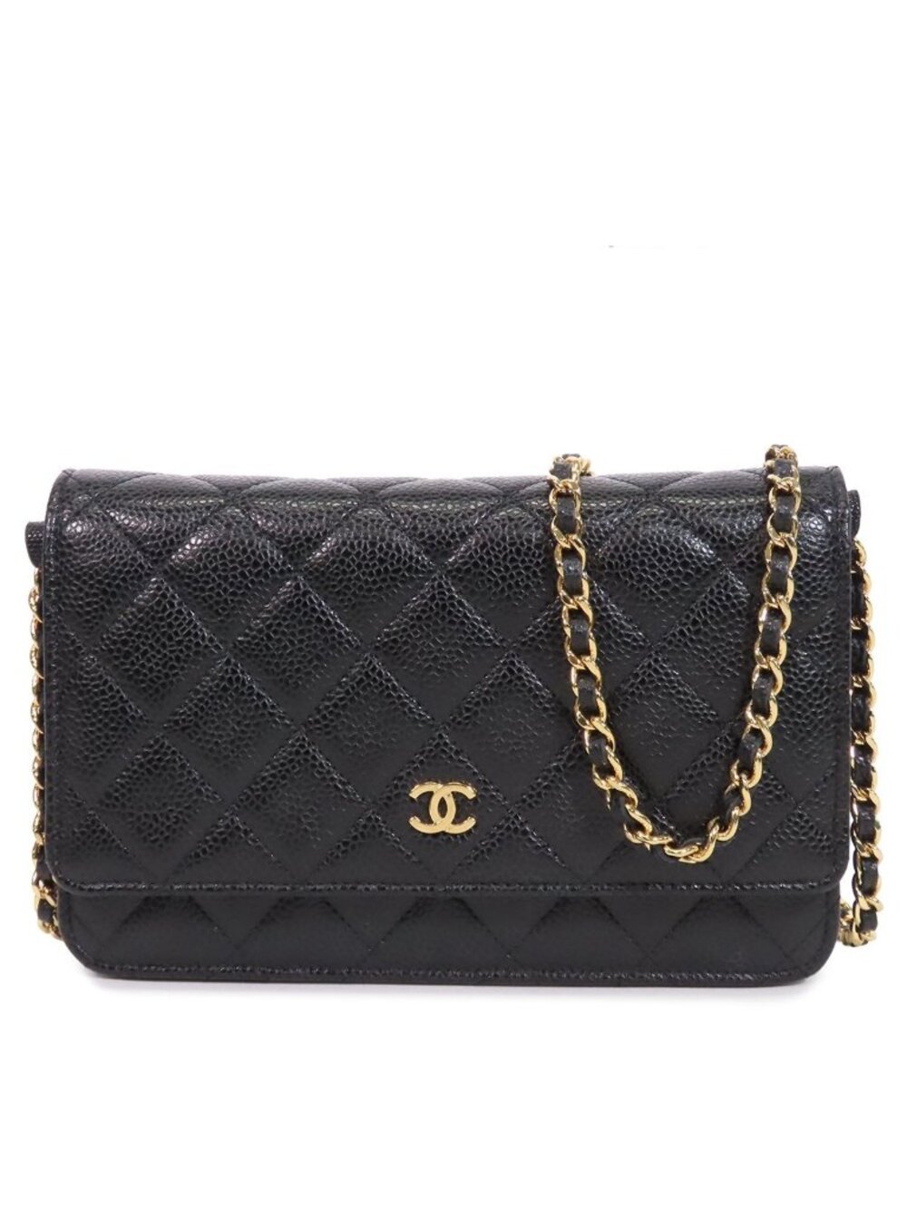 Chanel Chain Wallet Black Gold Caviar Leather Quilted Pochette Shoulder Bag